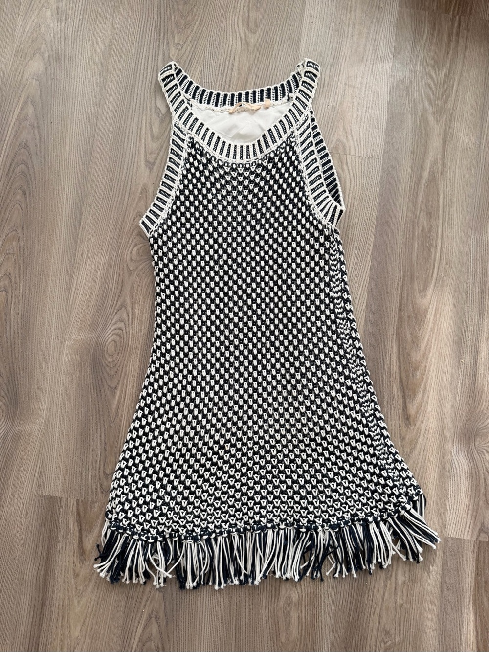 Navy & White Knit Fringe Tank Dress